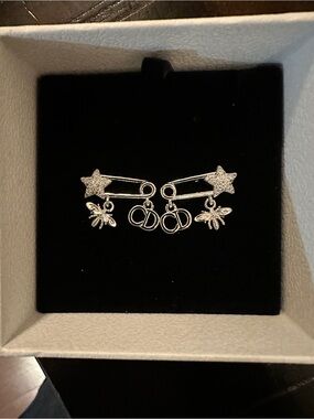 Silver Star & Bee Safety Pin Charm Earrings - Designer-Inspired